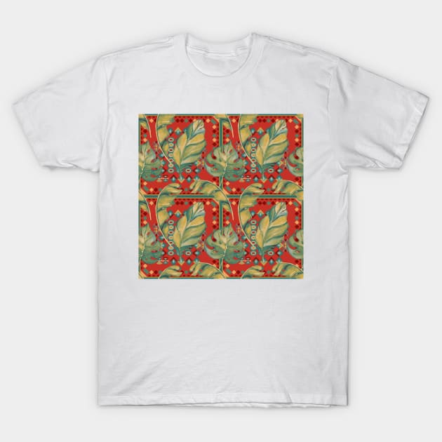 Tropical Leaf On Navajo Pattern T-Shirt by justrachna